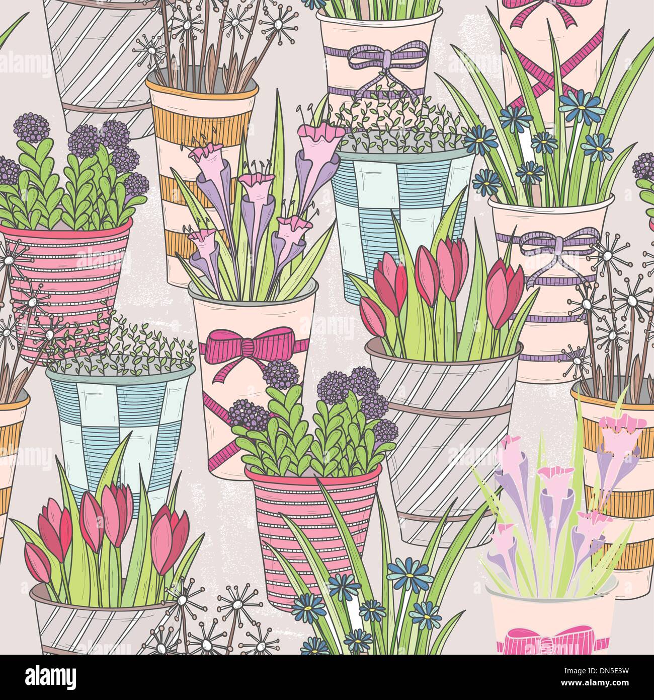 Cute seamless floral pattern. Pattern with flowers in buckets. Stock Vector
