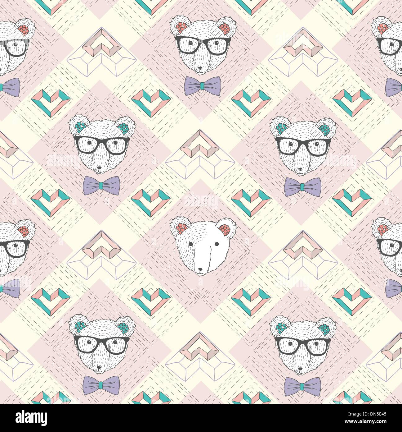 Seamless pattern with hipster polar bear and hearts. Stock Vector
