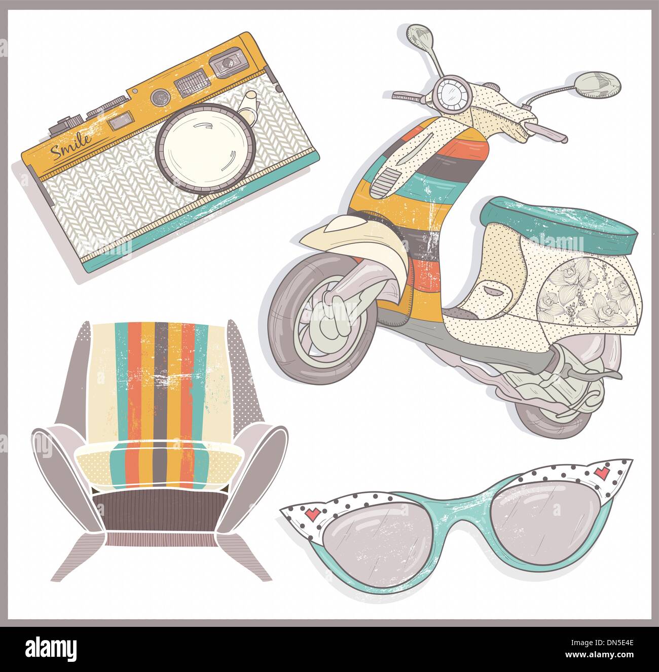Retro elements set. Armchair, scooter,camera and sunglasses Stock Vector