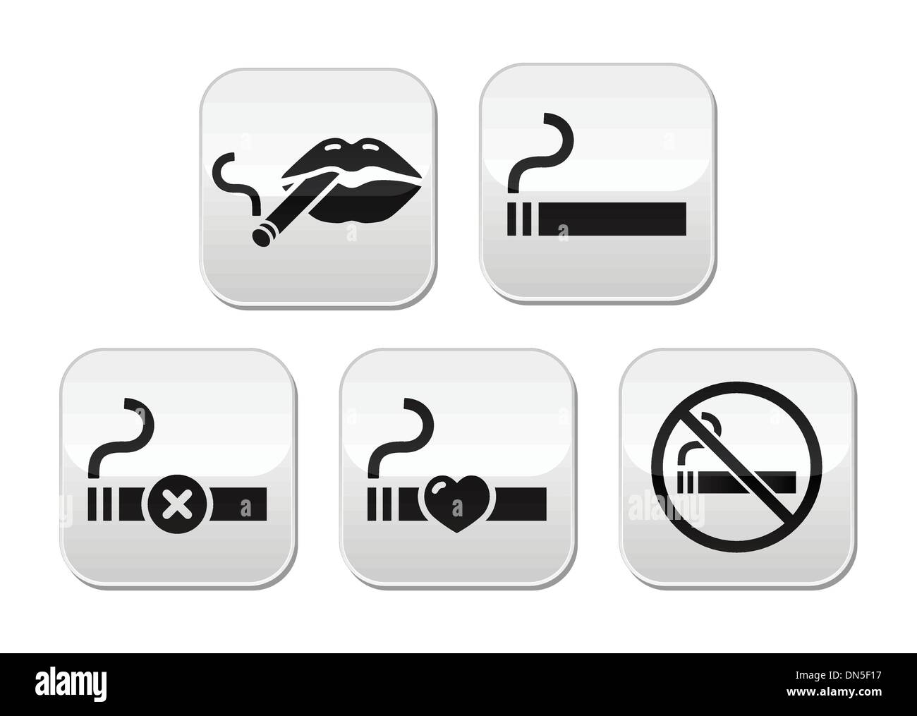 Sexy lips with cigarette, no smoking vector buttons set Stock Vector