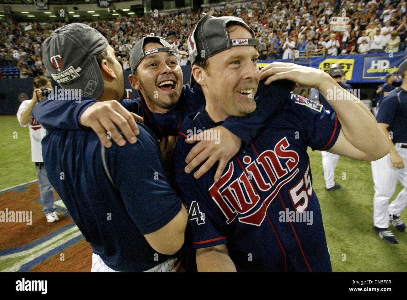 Oct 01, 2006; Minneapolis, MN, USA; The Minesota Twins celebrate winning their division after Detroit's loss to Kansas City duirng the conclusion of their game against the Chicago White Sox at the Metordome in Minneapolis, Minnesota, Sunday, October 1, 2006. The Twins defeated the White Sox 5-1. Mandatory Credit: Photo by Marlin Levison/Minneapolis Star T/ZUMA Press. (©) Copyright Stock Photo