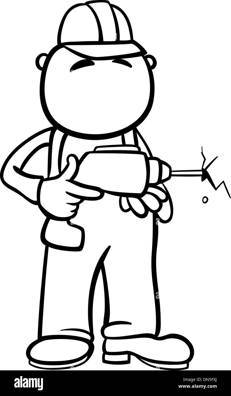 worker with drill coloring page Stock Vector