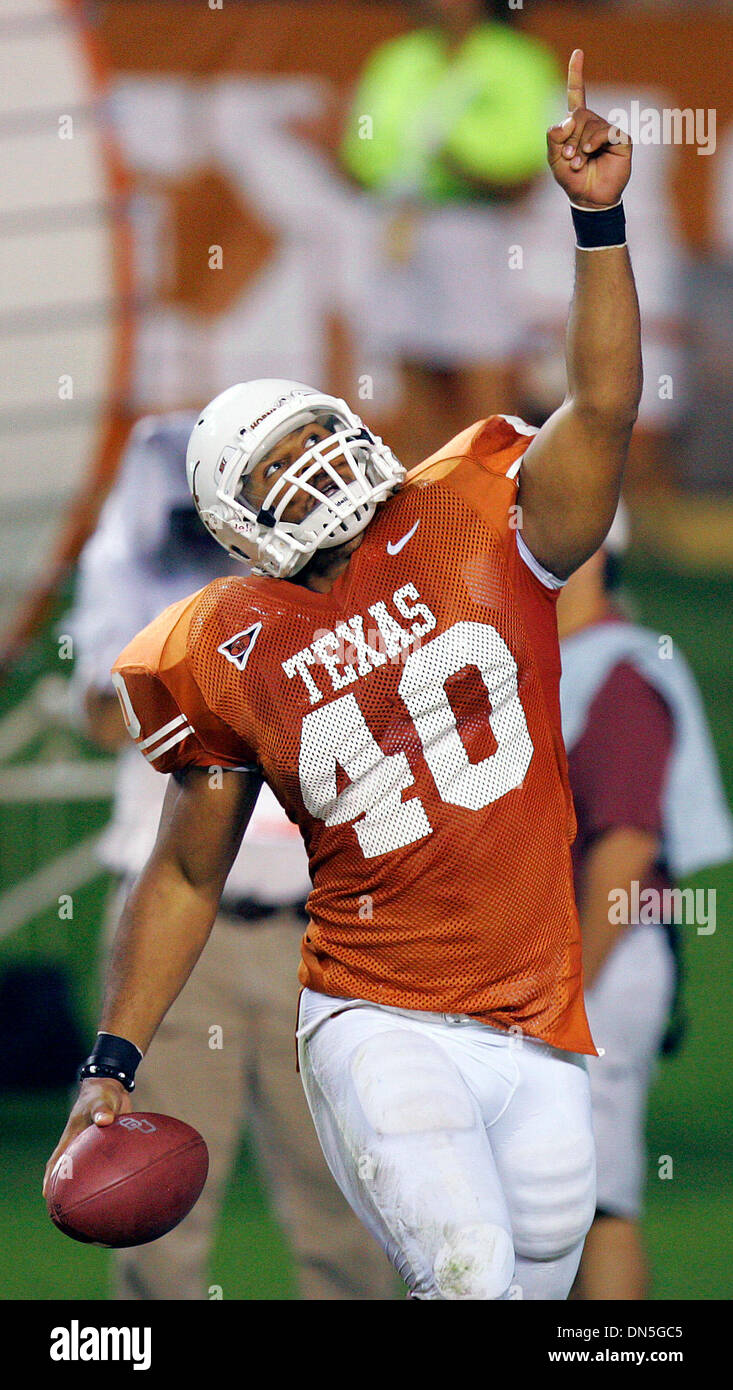 Oct 14, 2006; Austin, TX, USA; NCAA Football: Robert Killebrew gestures after scoring on a 31-yard fumble recovery in the second half Saturday, October 14, 2006 at Darrell K. Royal-Texas Memorial Stadium at Joe Jamail Field in Austin, TX. UT quarterback Colt McCoy set a team record with six touchdown throws as Texas won the game, 63-31. Mandatory Credit: Photo by Bahram Mark Sobhan Stock Photo