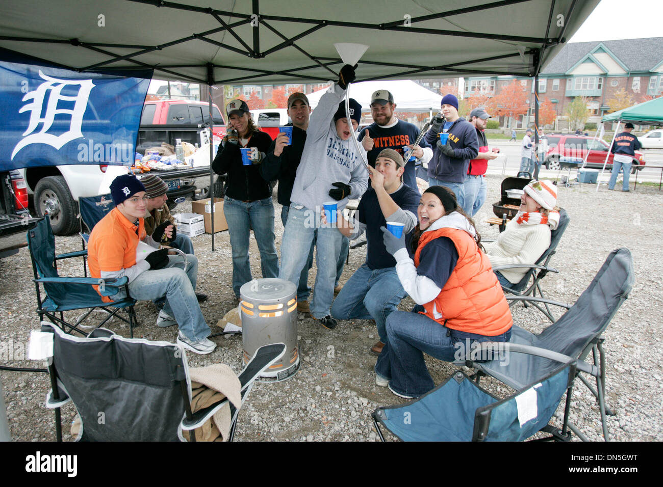 Oct 21, 2006; Detroit, MI, USA; VINCE BARRY, PJ  WYMAN and  MARK HEBERT, a group of Tiger fans from Dearborn who are life long friends all gathered at a parking lot on Woodward ave. near the stadium for a all day and night tailgate party.   Mandatory Credit: Photo by Charles V. Tines/Detroit News/ZUMA Press. (©) Copyright 2006 by Detroit News Stock Photo