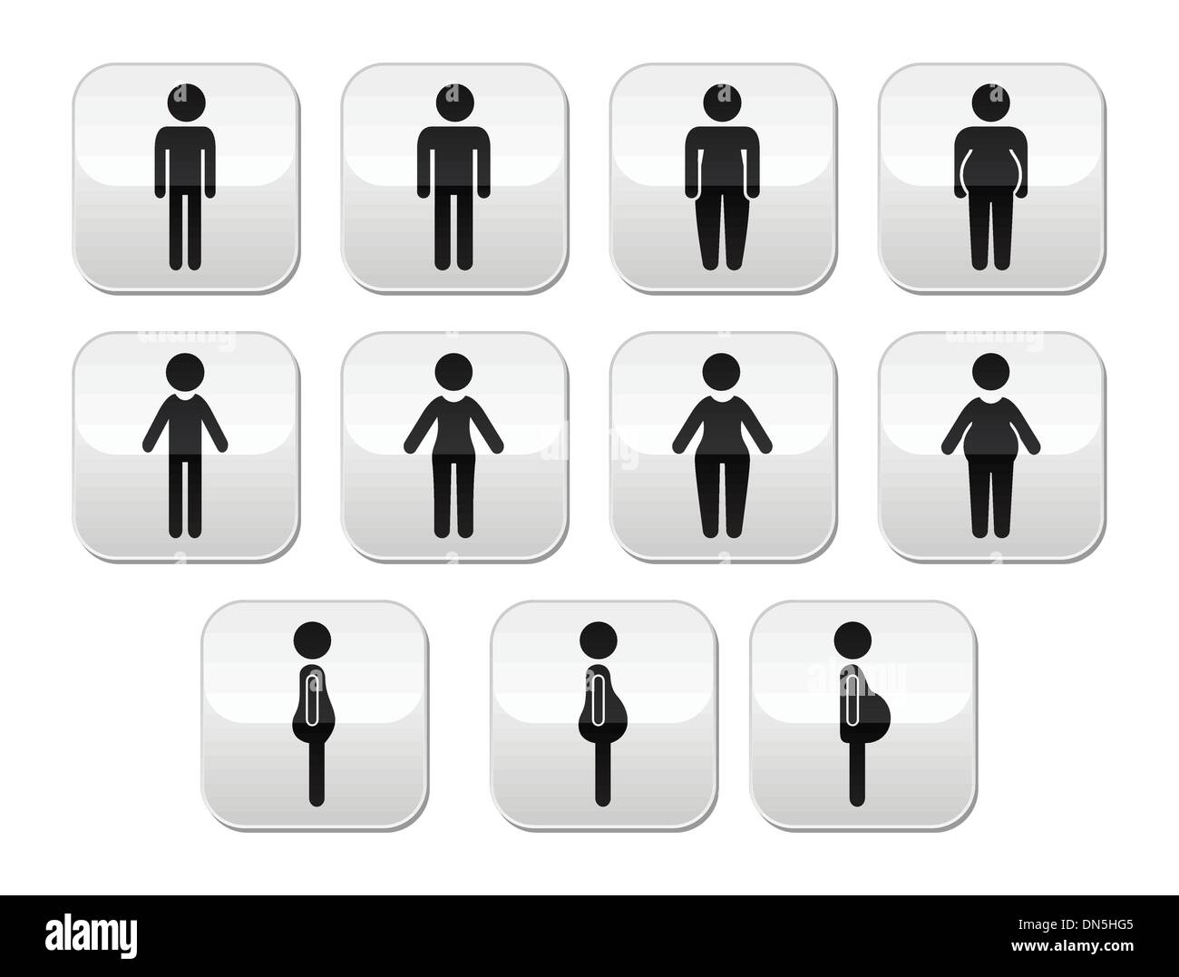 Man and women body type buttons - slim, fat, obese, thin Stock Vector