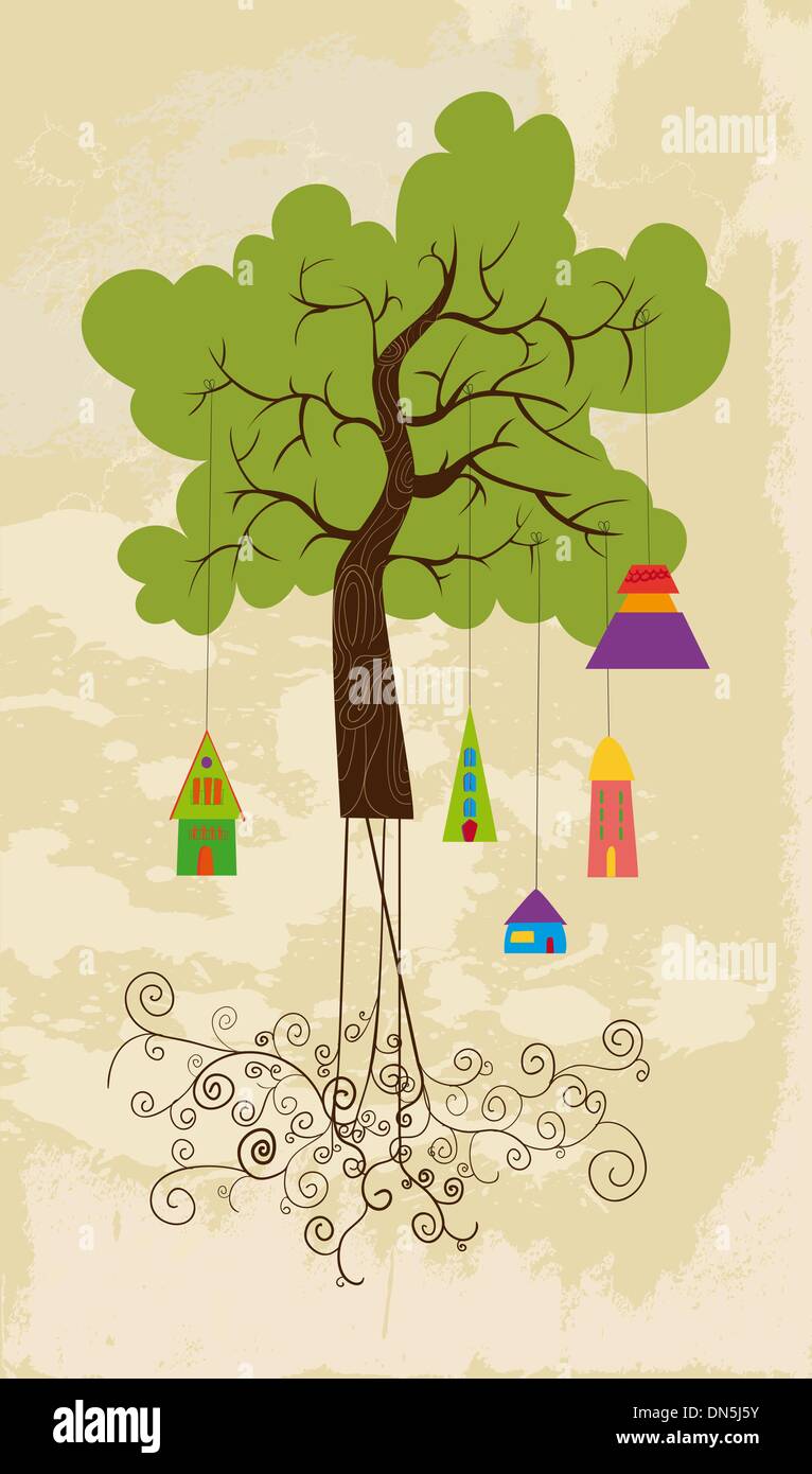 Cute Colorful Tree Bird House Stock Vector Art Illustration