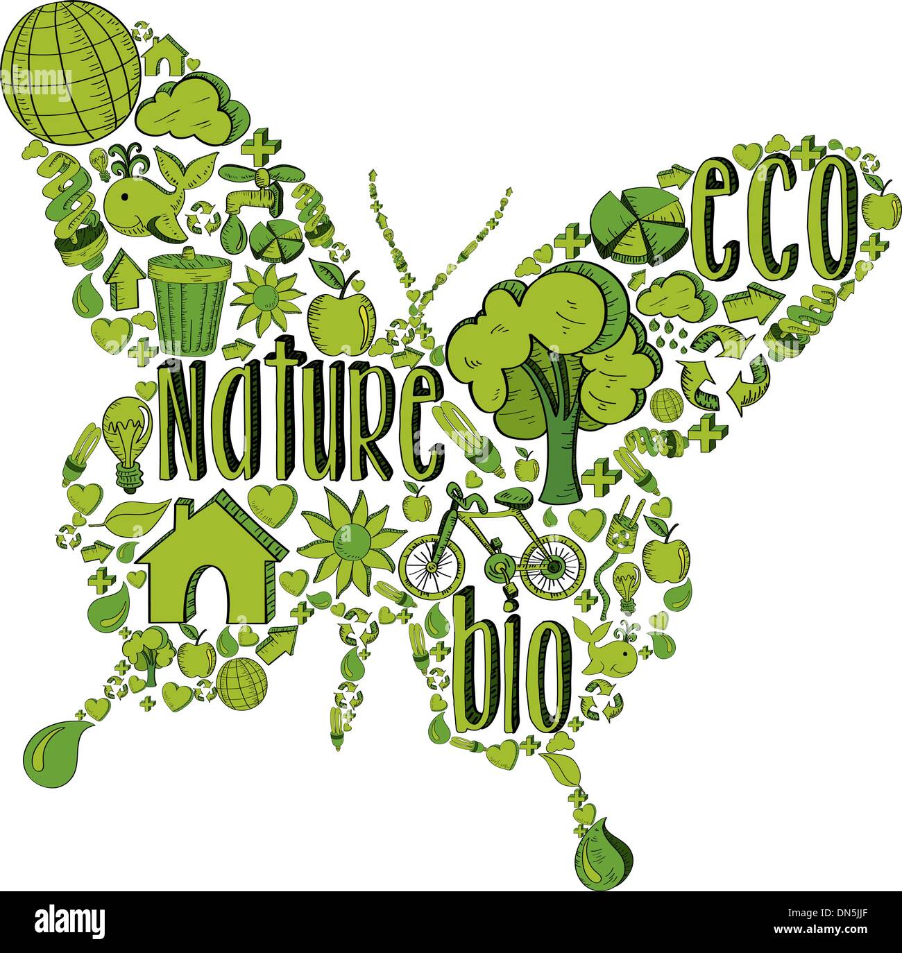 Green butterfly with environmental icons Stock Vector