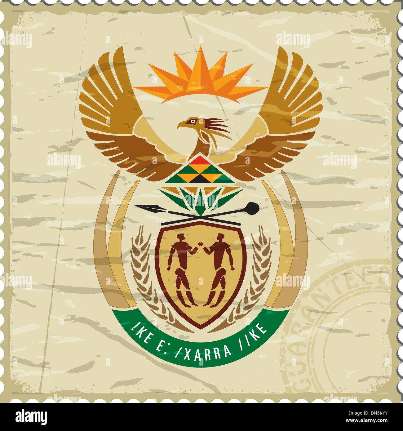 Coat of arms of  South Africa on the old postage stamp Stock Vector