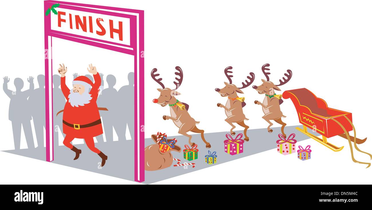 Santa Claus finishing race with reindeers Stock Vector