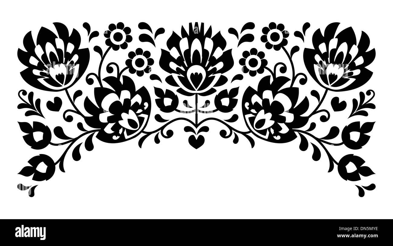 Polish floral folk embroidery black and white pattern Stock Vector