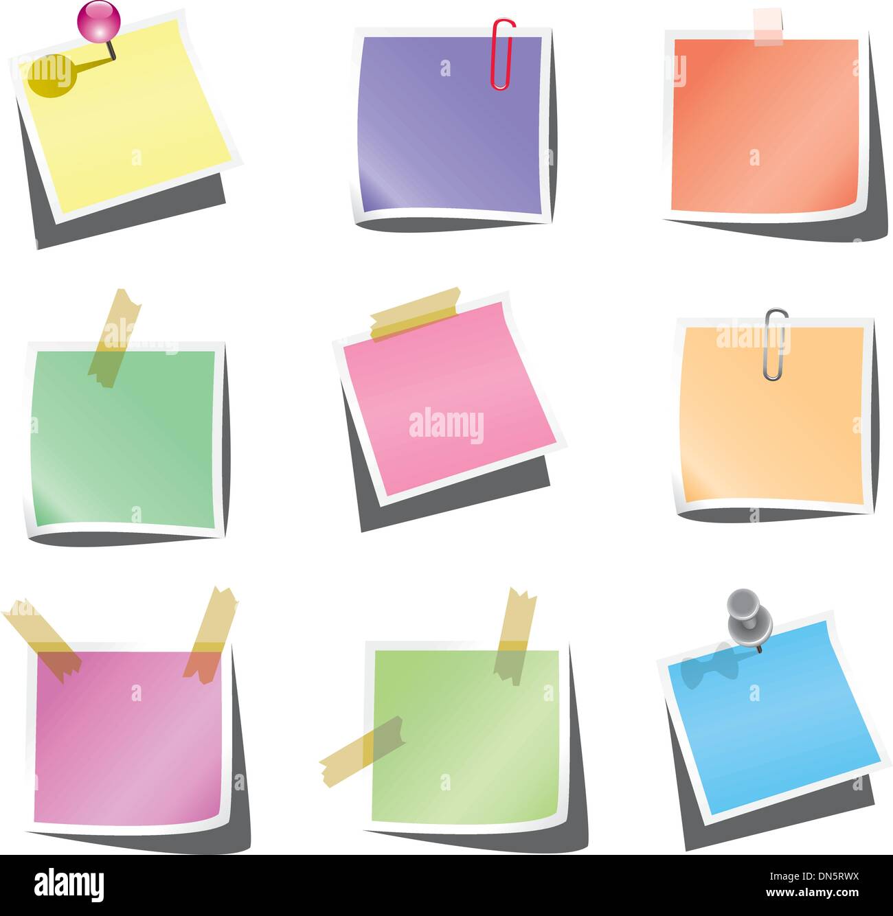 paper notes with push pin and paperclip Stock Vector