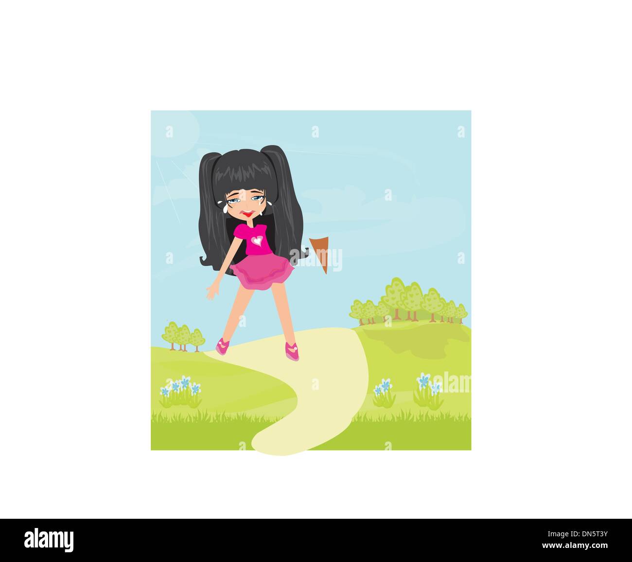 Cartoon girl crying with ice cream drop Stock Vector