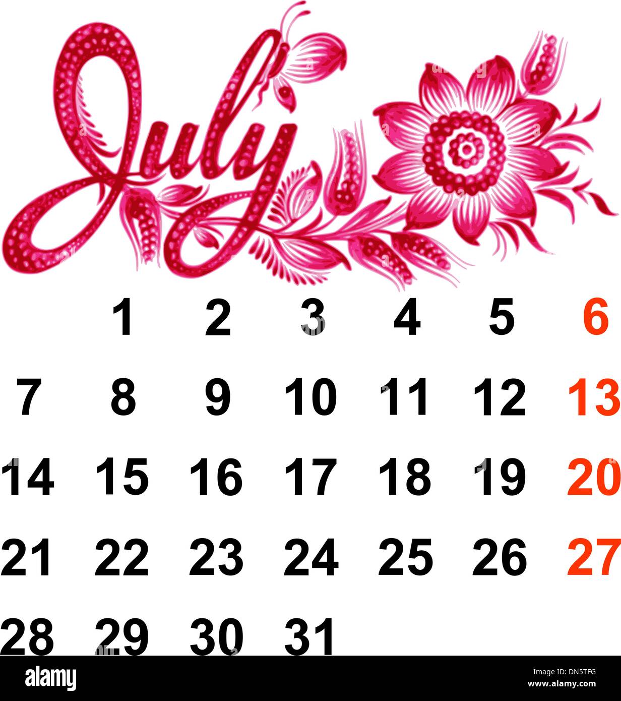 Calendar July 14 Stock Vector Image Art Alamy