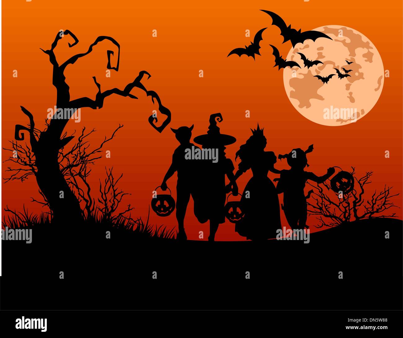 Halloween background with silhouettes of trick or treating children Stock Vector