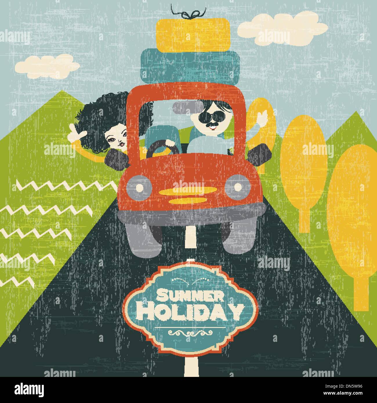 retro  couple traveling by car Stock Vector