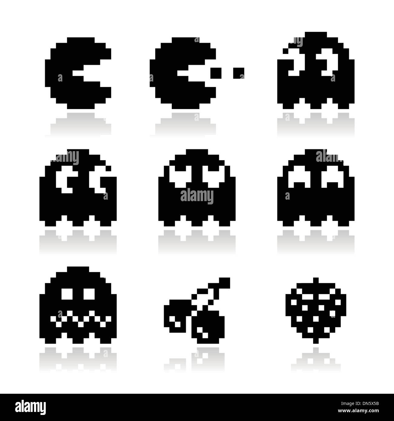 Pacman, ghosts, 8bit retro game icons set Stock Vector