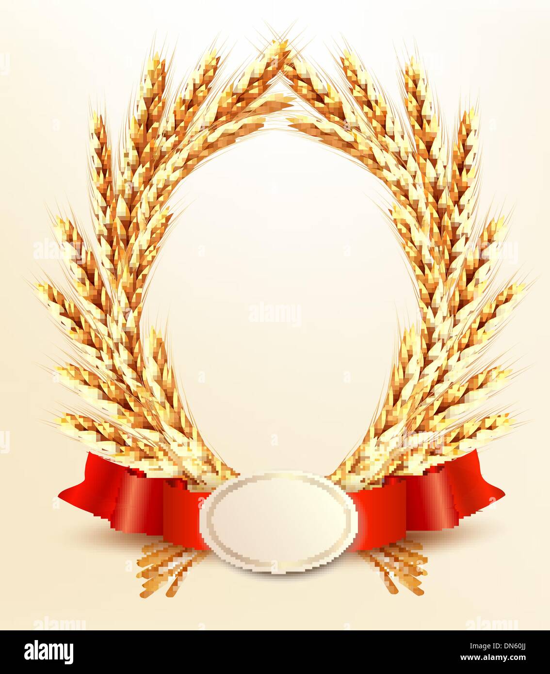 Ripe yellow wheat ears with red ribbons. Vector background Stock Vector