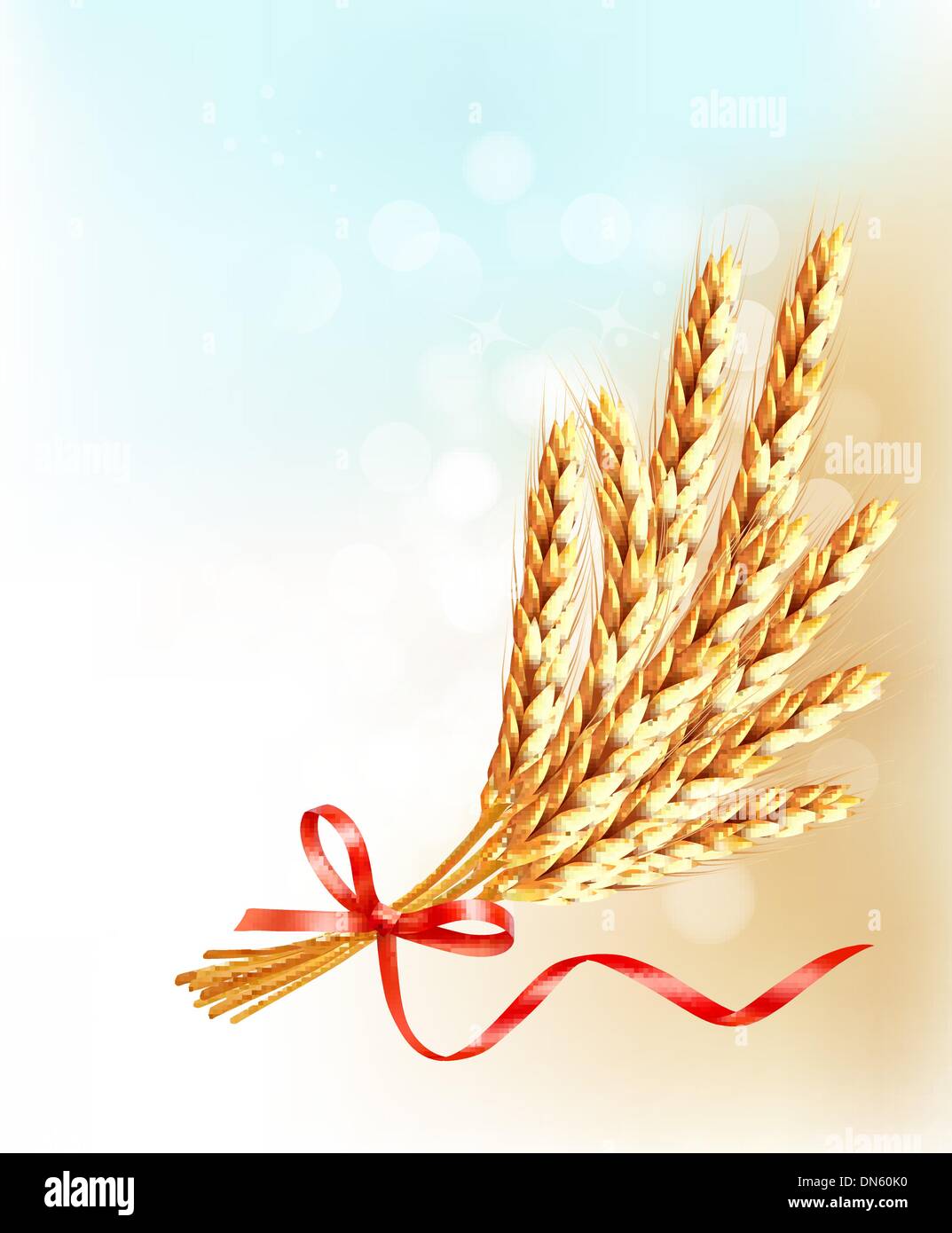 Ears of wheat  with red ribbon. Vector illustration. Stock Vector