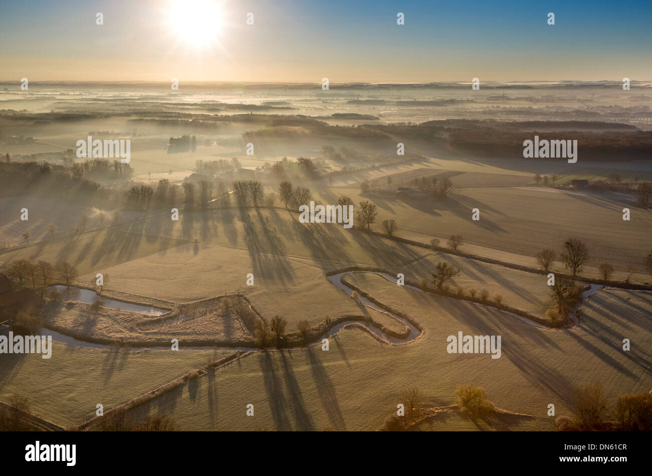 Aerial view, course of the Ahse river with meanders, renaturation, Hamm, Ruhr area, North Rhine-Westphalia, Germany Stock Photo