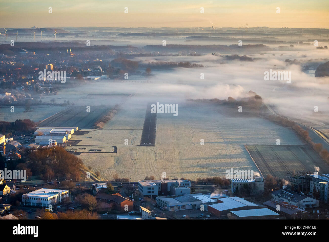 Aerial view, morning fog, Flugplatz Hamm-Lippewiesen EDLH airfield, runway  06 24, Hamm-Heessen, Hamm, Ruhr area Stock Photo - Alamy