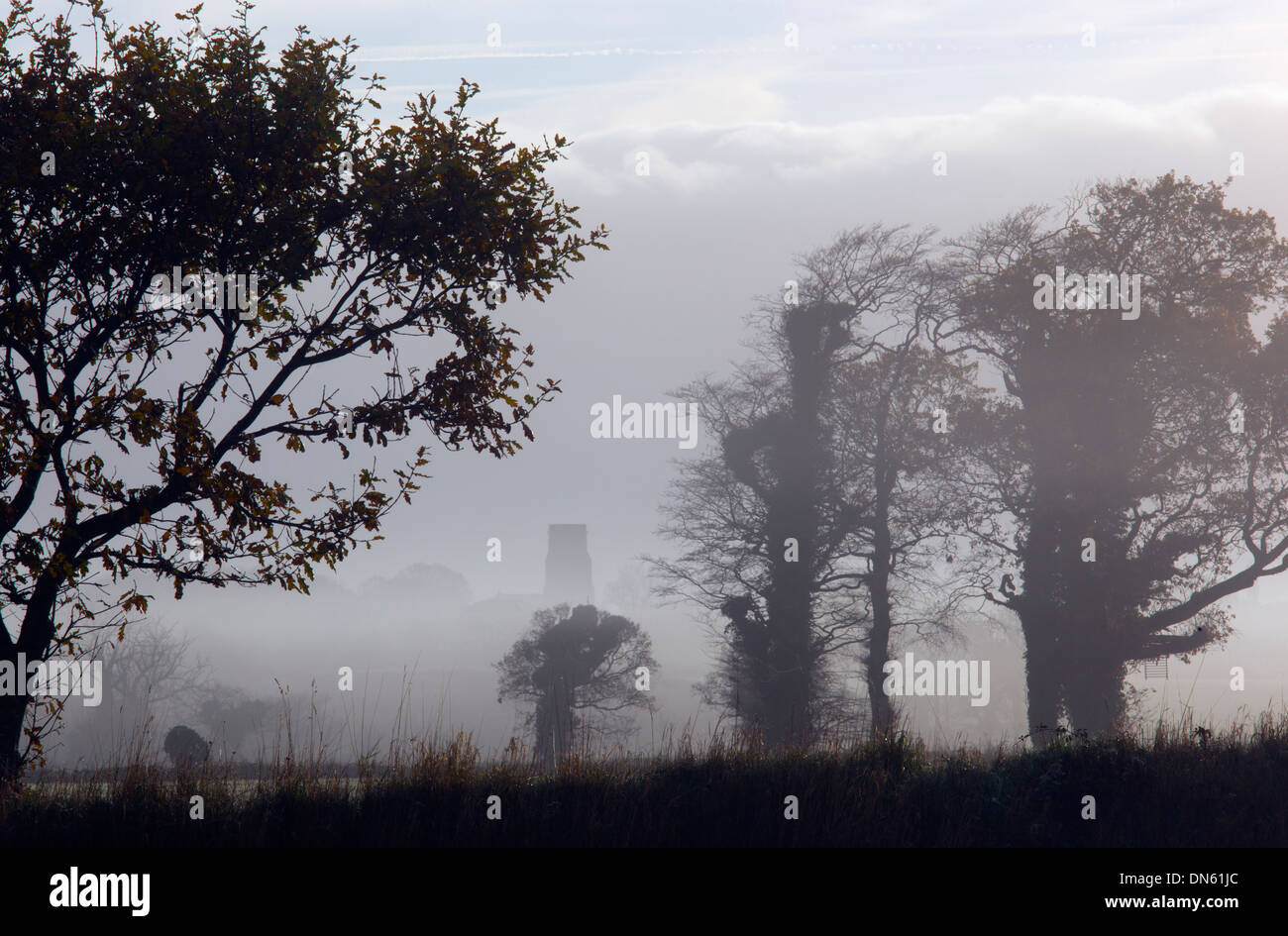 Trunch Church & Norfolk Farmland in mist Stock Photo