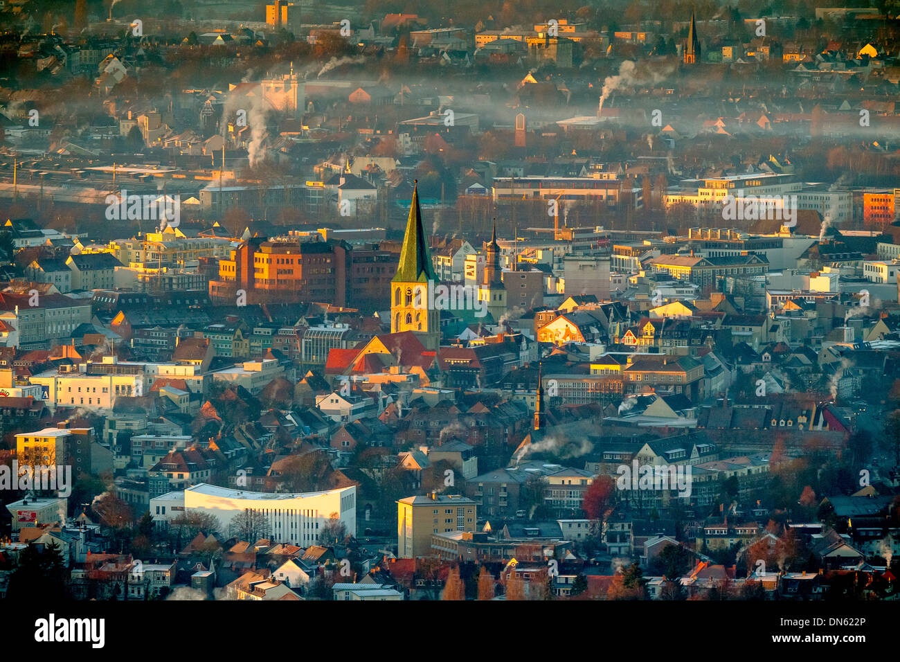 Aerial view, downtown with Protestant St. Paul's Church, morning light, Hamm, Ruhr area, North Rhine-Westphalia, Germany Stock Photo
