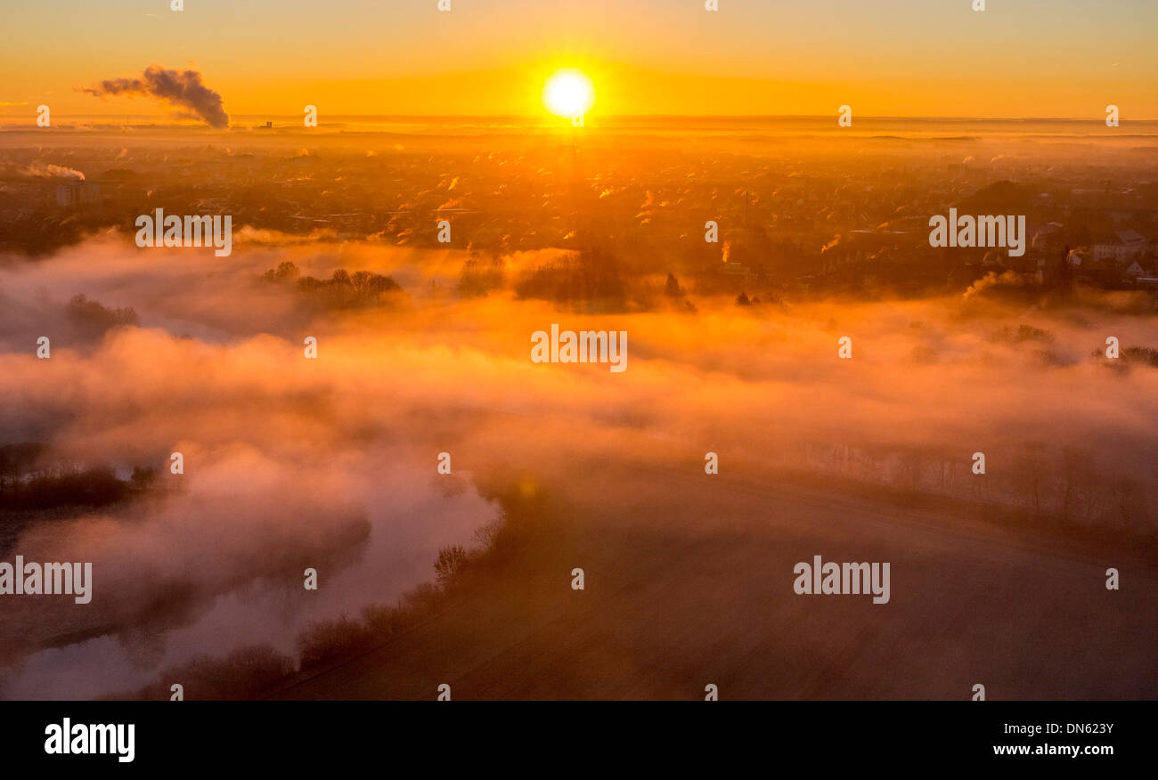 Aerial view, sunrise, morning mist above the Lippe river, Hamm, Ruhr area, North Rhine-Westphalia, Germany Stock Photo