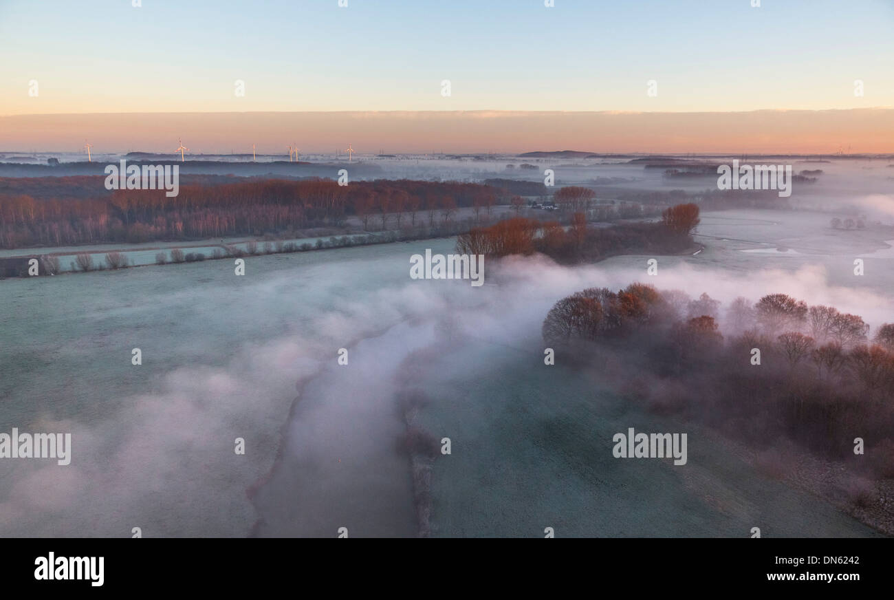 Aerial view, sunrise, morning mist above the Lippe river, Hamm, Ruhr area, North Rhine-Westphalia, Germany Stock Photo