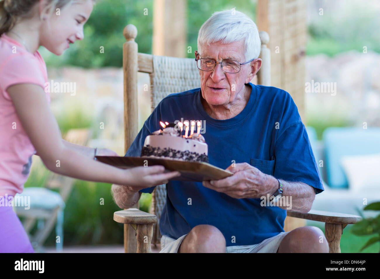 Senior Caucasian man celebrating birthday Stock Photo