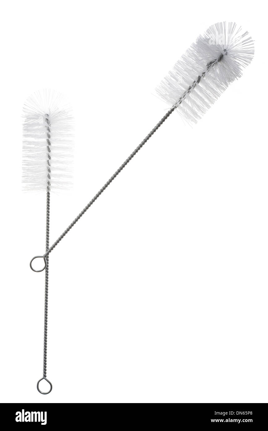 Bottle brushes for cleaning bottles and other tubular items. Pair of brushes together. Stock Photo