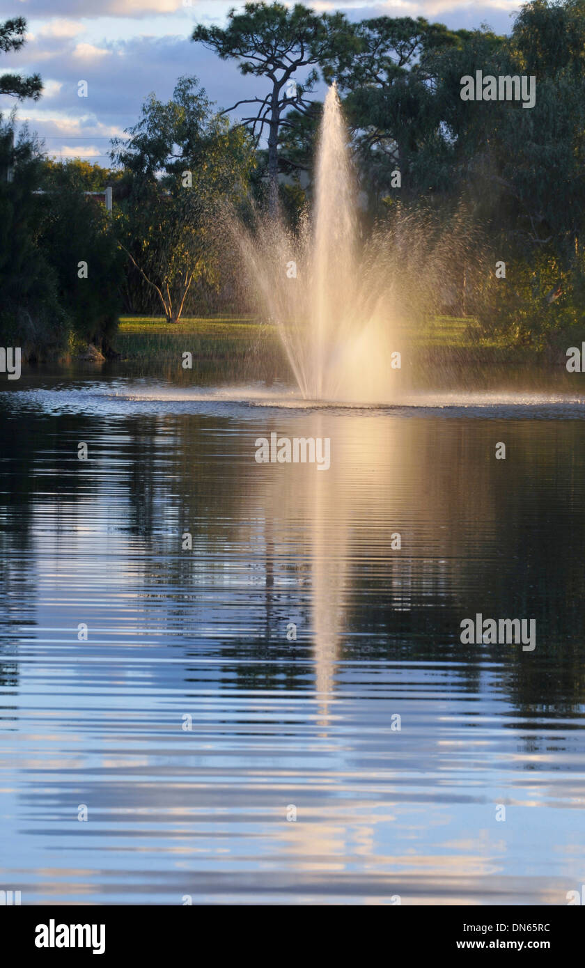 Fountain splashing in pond Stock Photo