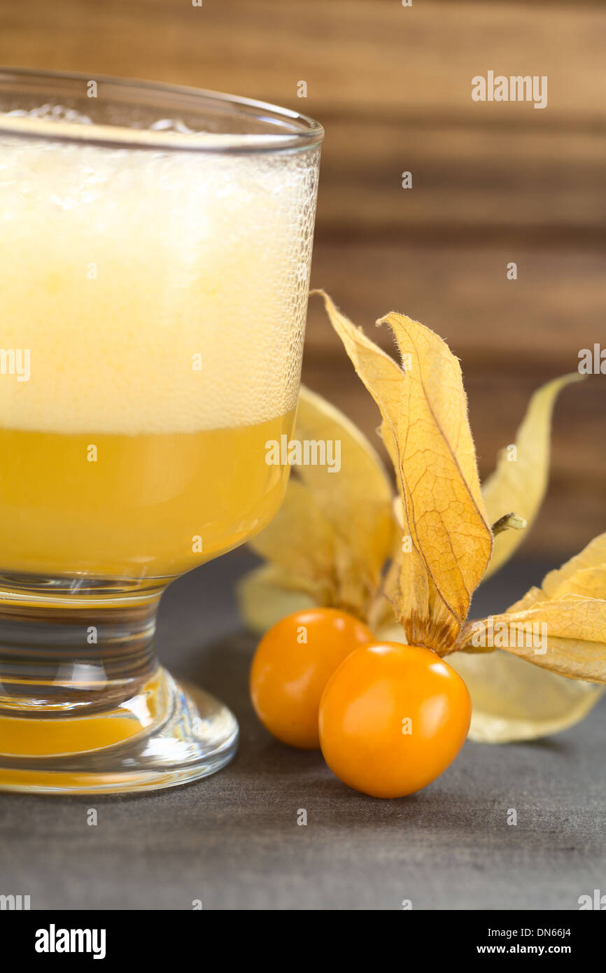 Physalis berries (lat. Physalis peruviana) with a Peruvian cocktail called Aguaymanto Sour (Physalis Sour) Stock Photo