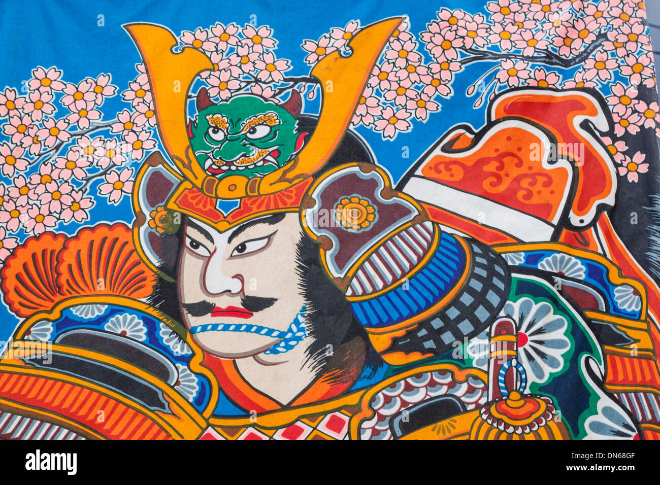 Japan, Honshu, Kanto, Tokyo, Asakusa, Sensoji Temple, Banner depicting Illustration of Samurai Stock Photo