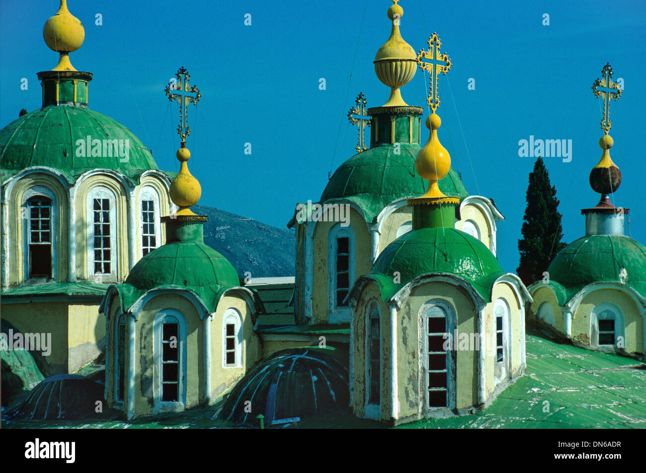Green Domes of Main Church or Catholicon of the Russian Orthodox St. Panteleimon Monastery or Agiou Panteleimonos Monastery Mount Athos Greece Stock Photo