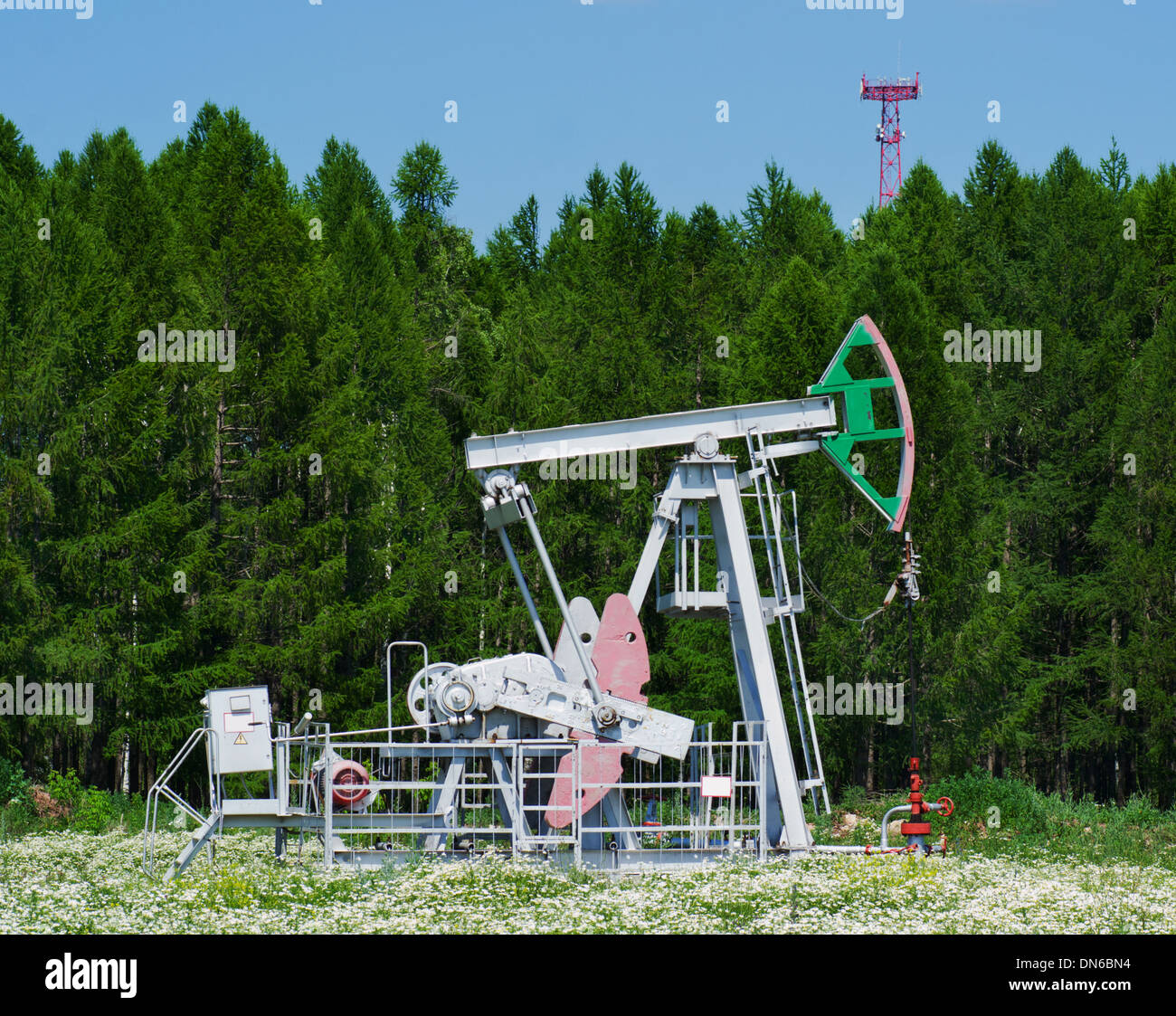 oil pump on a background the forest with camomile field Stock Photo