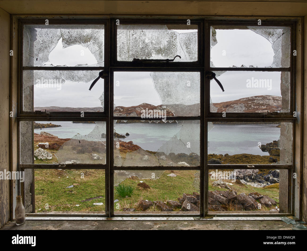 Broken Window Panes, Isle of Harris, Scotland Stock Photo