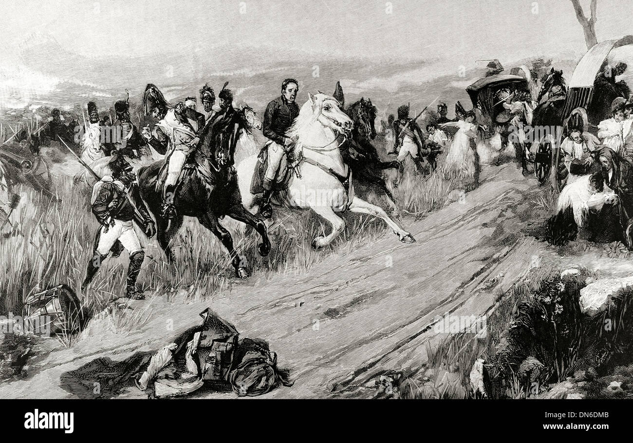 Spain. Peninsular War (1807-1814). Joseph Bonaparte (1768-1844) escaping of Spain. Engraving. Stock Photo