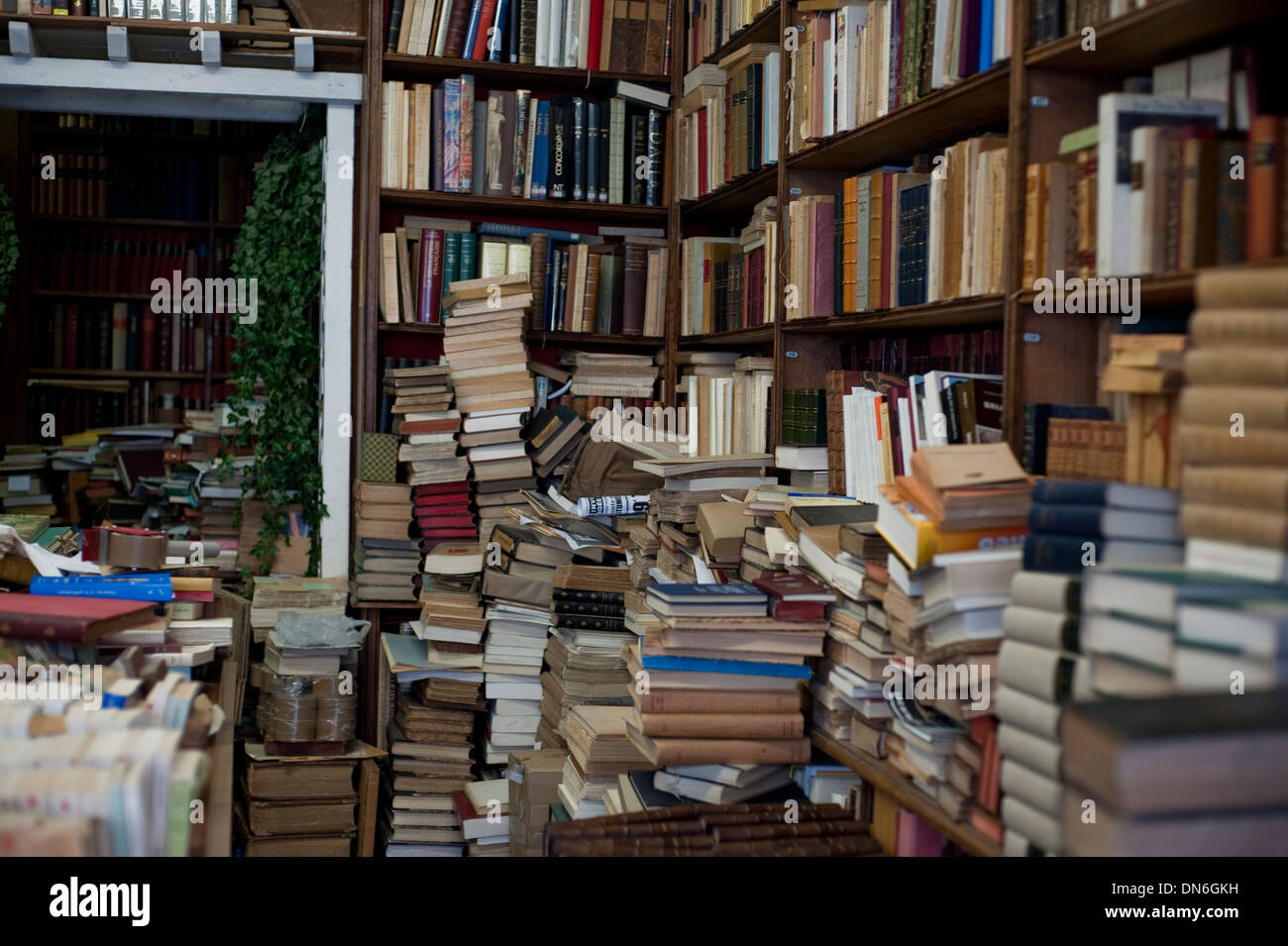 Paris, France, Piles of Books inside French Bookstore in Saint Germain
