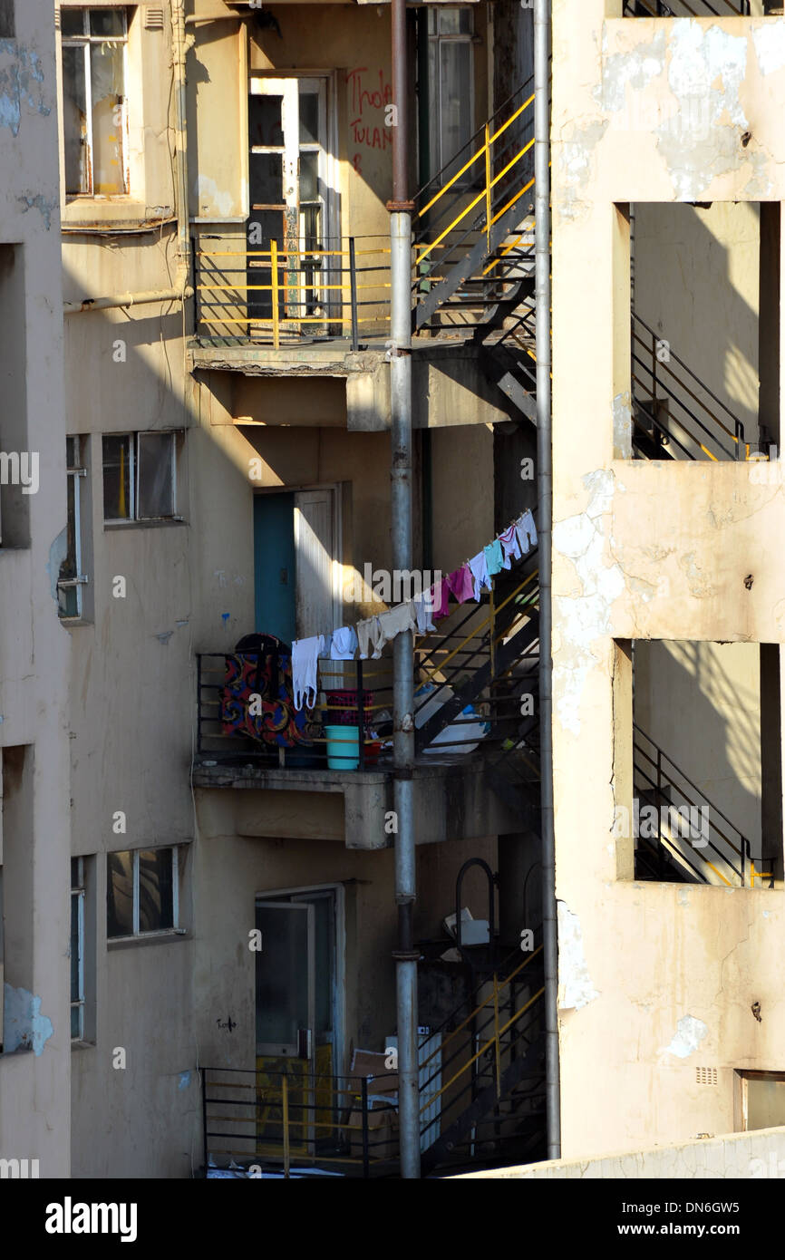 The dilapidated balconies of a block of flats in Johannesburg, South
