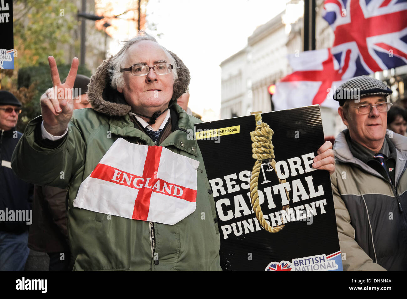 British National Party (BNP) supporters call for death penalty outside Old Bailey in London. Stock Photo