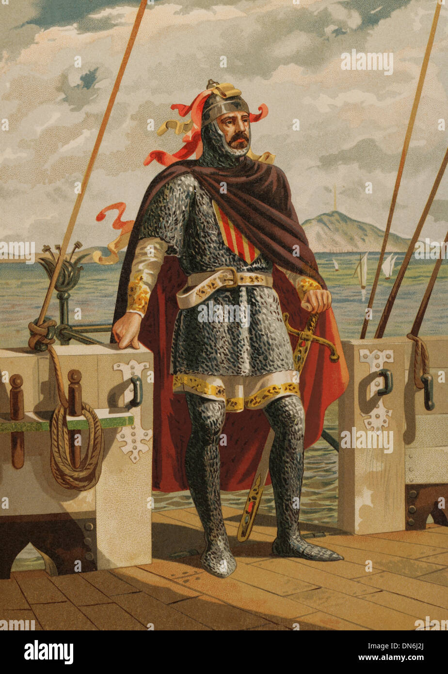 Roger of Lauria (1245-1305). Sicilian-Aragonese admiral. Coloured illustration in Spanish Glories. Stock Photo