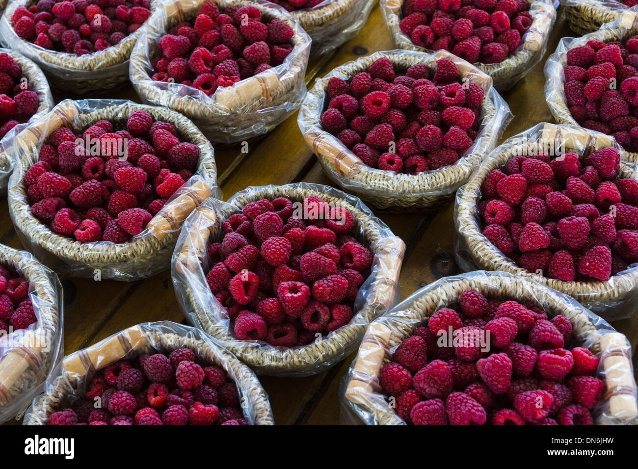 Fresh raspberries at Jean-Talon market. Montreal, Quebec, Canada. Stock Photo