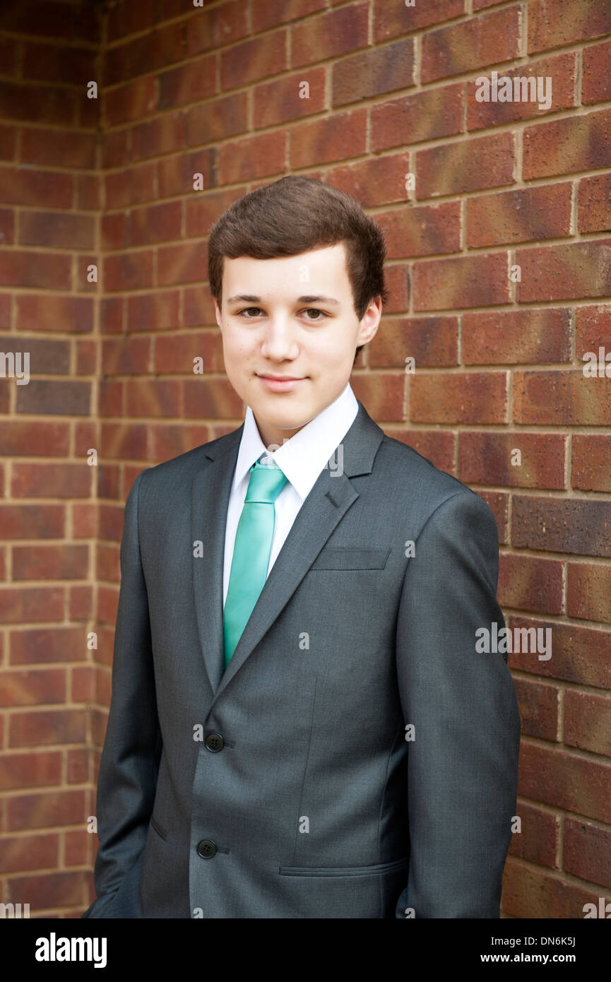 Young Teenage boy in smart suit and tie for school Prom FULLY MODEL RELEASED Stock Photo