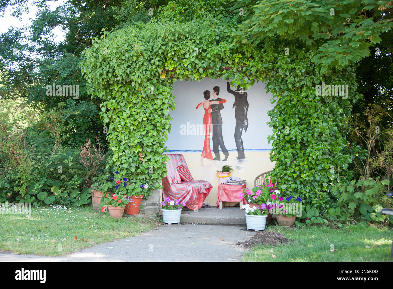 Flowery Highly Decorated Bus Stop Village Greenery Stock Photo