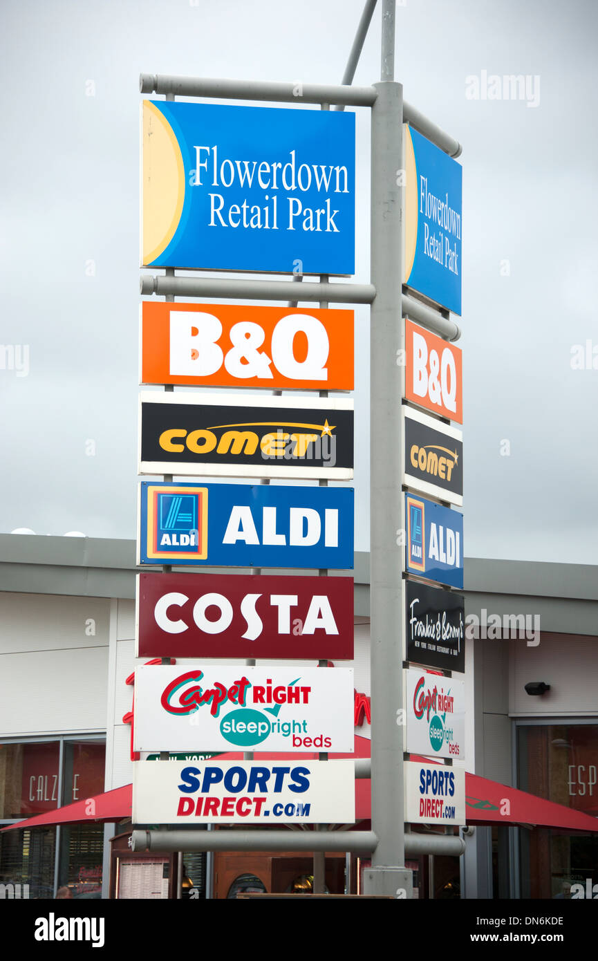 UK Retail Park Advertising Sign Shops out of Town Stock Photo