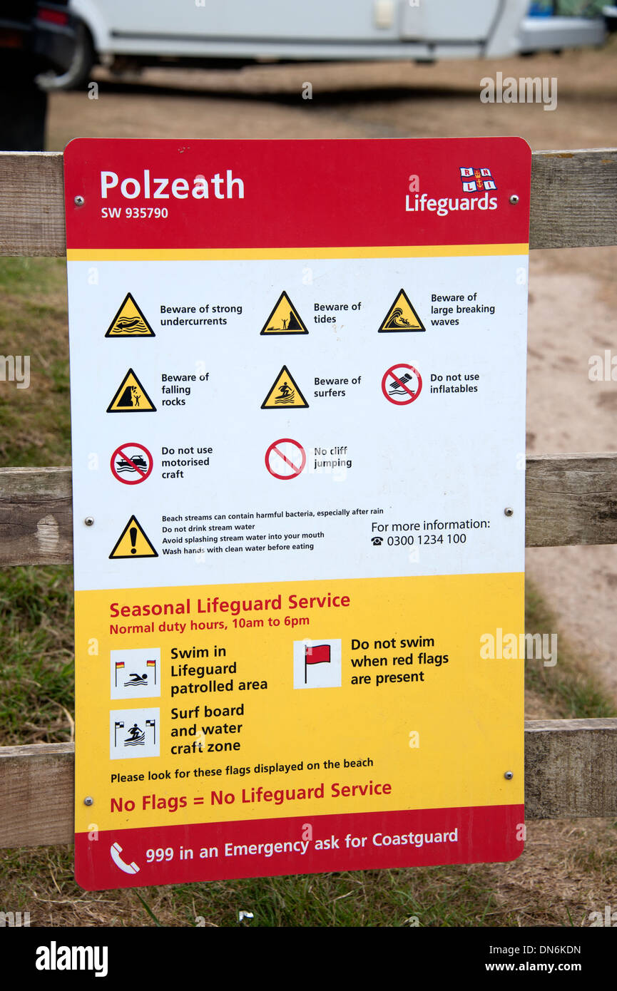 Polzeath Beach Safety Warning Sign Bay Cornwall UK Stock Photo