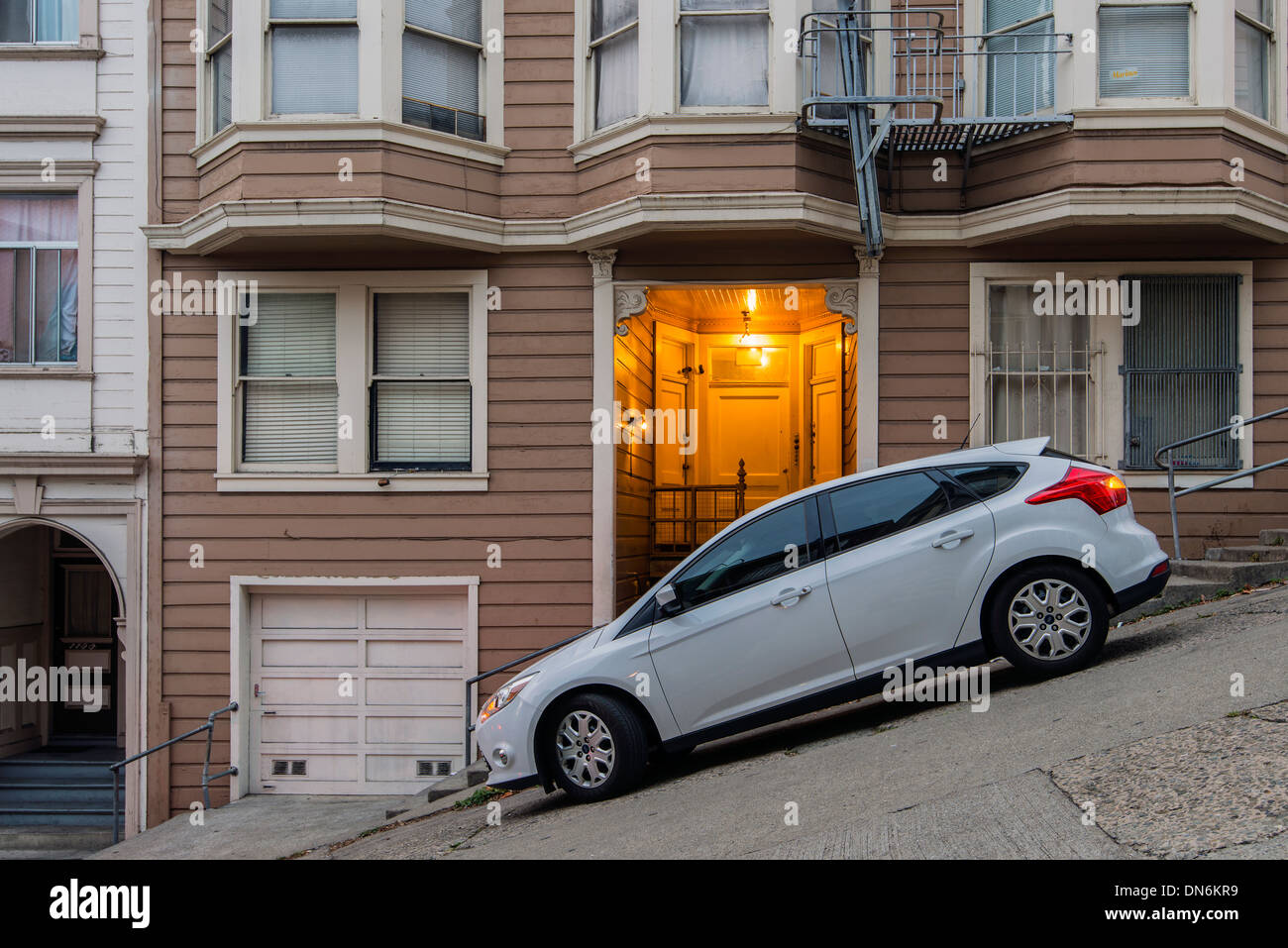 Car parked in a steep street, San Francisco, California, USA Stock Photo