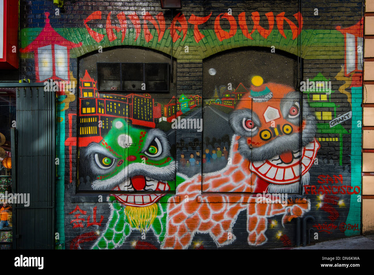 Colorful graffiti mural arts in Chinatown, San Francisco, California