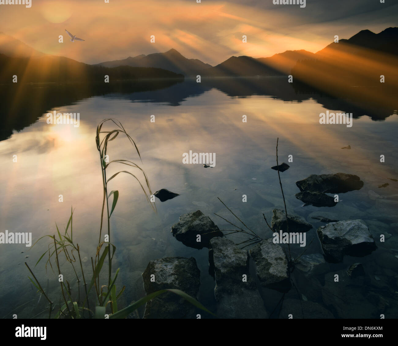 DE - BAVARIA: Sunset over lake Walchensee Stock Photo