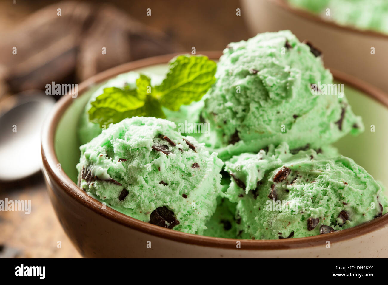 Organic Green Mint Chocolate Chip Ice Cream with a Spoon Stock Photo